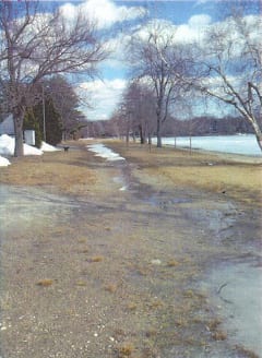 Memorial Park Beach’s old road bed, shown before restoration, experienced erosion (visible in foreground). 