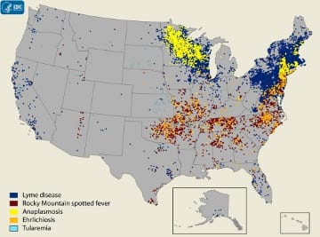 Figure 2. Distribution of tick-borne diseases in the U.S. Courtesy CDC 2013.