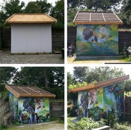 Lawrence Youth Build constructed a beautiful new shed in our community garden at Manchester Street Park. The roof of the shed was specially designed to be a "green roof" and will be planted with a variety of colorful plants in the near future. The shed then got spiced up with an incredible urban nature themed mural. Alex Brien, an artist from the non-profit organization Elevated Thought, designed and painted a beautiful mural for the shed. While he was working on the shed kids from Lawrence's Boys and Girls Club got the chance to visit Alex and learn about mural composition and design.